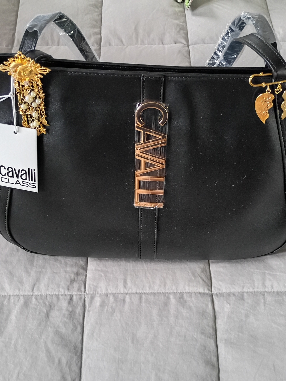 Cavalli Class Black Leather Tote with Gold Accents